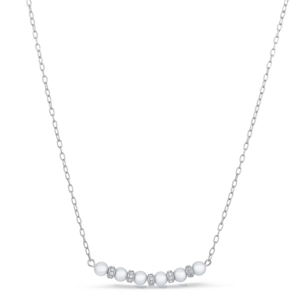 Silver Pearl and Simulated Diamond Bar Necklace
