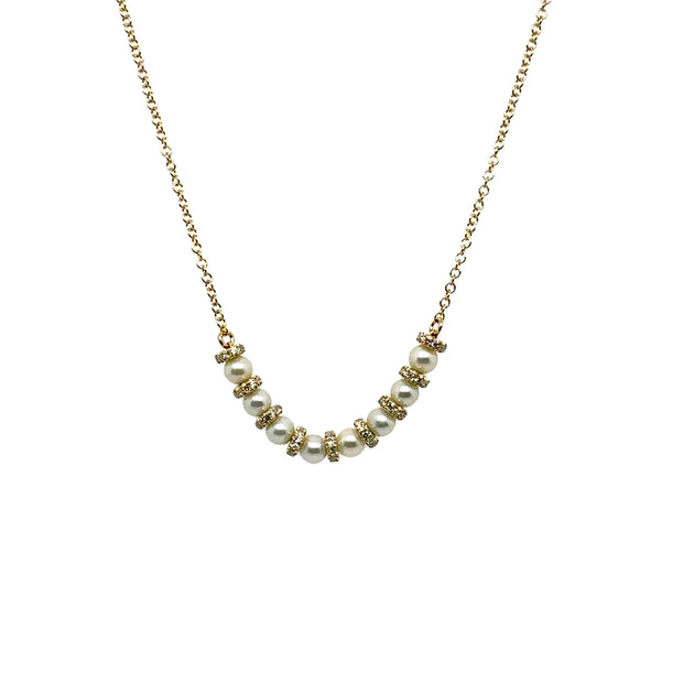 Yellow Gold Pearl and Diamond Roundel Station Necklace
