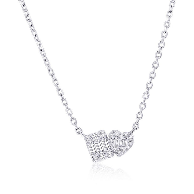 Silver Heart and Square Baguette CZ Necklace