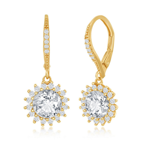 Yellow Round Halo CZ Dangle Earrings
