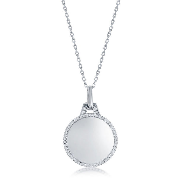 Silver Engraveable  Circle Disc with CZ Border Pendant Necklace