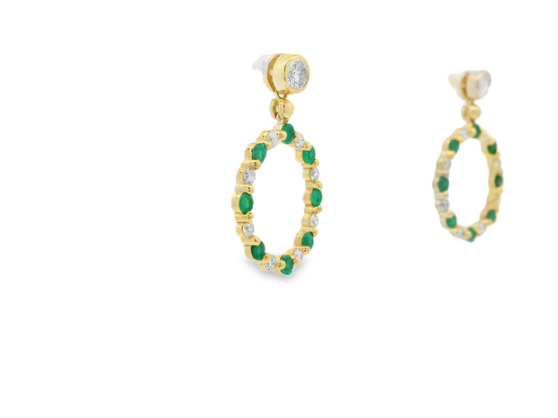 14K Yellow Gold Emerald & Diamond Circular Earrings