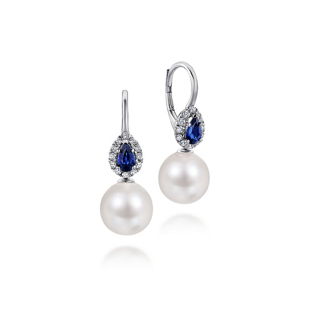 Gabriel & Co. White Sapphire and Diamond Halo  Pearl Drop Earrings