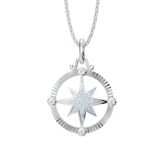 Silver Diamond Compass Pendant Necklace