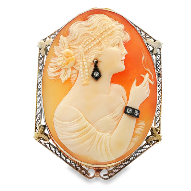 Estate 14K White Gold Vintage Smoking Cameo Brooch/Pendant