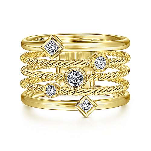 Gabriel & Co 14K Yellow Five Row Fashion Ring with Diamond Stations