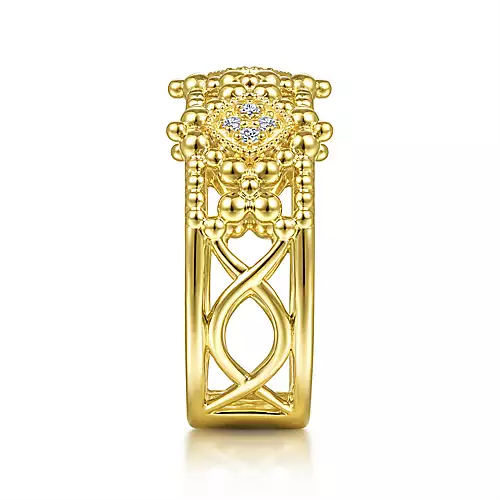 Gabriel & Co. Yellow Gold Wide Bujukan Ring with Diamonds