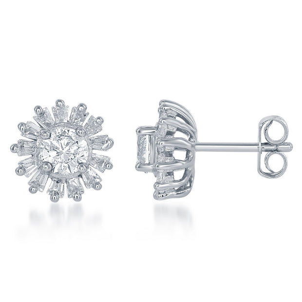 Silver Round CZ and Baguette Earrings