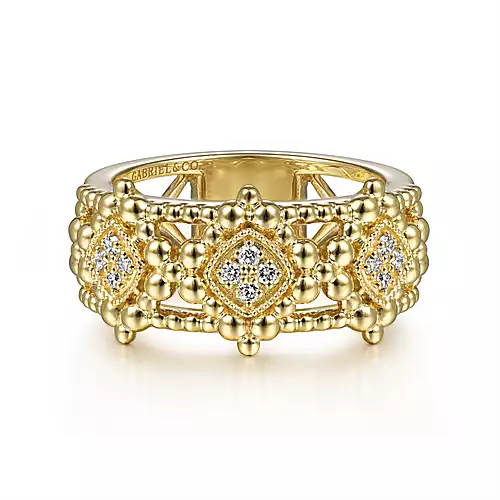Gabriel & Co. Yellow Gold Wide Bujukan Ring with Diamonds