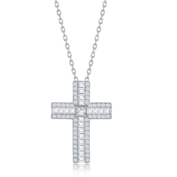 Silver Baguette CZ Cross Pendant Necklace