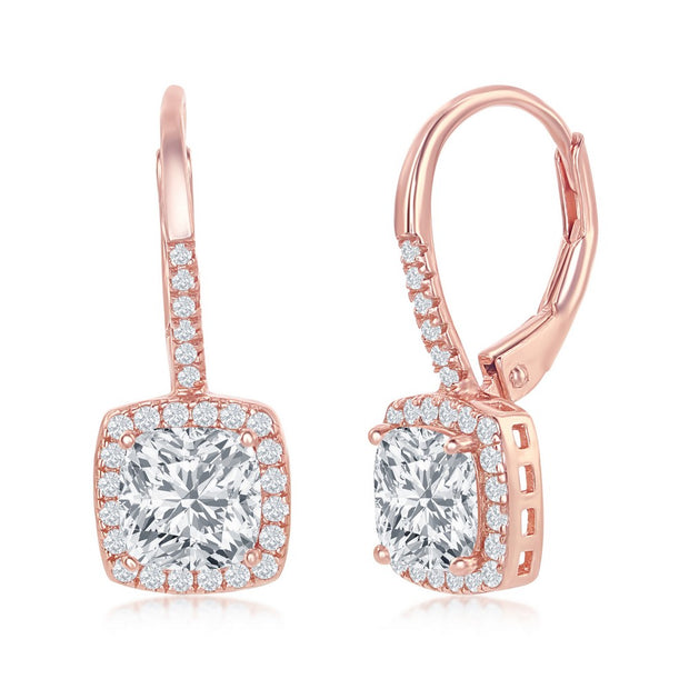 Sterling Silver with Rose  CZ Cushion Cut Earrings