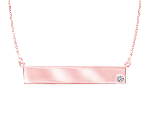Sterling Silver with Rose Gold Plating Engravable Bar Necklace with Bezel Set CZ Accent