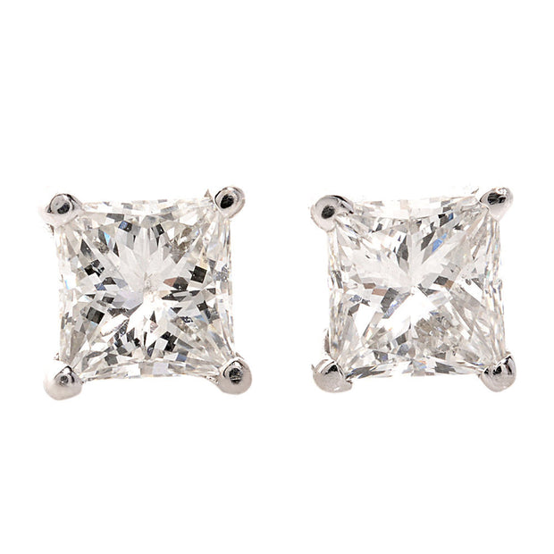 14K White Gold 4-Prong Martini Natural Princess  DIamond Stud Earrings