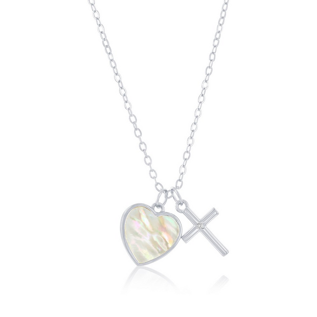 Silver, Mother of Pearl Heart and CZ Cross Charm Necklace