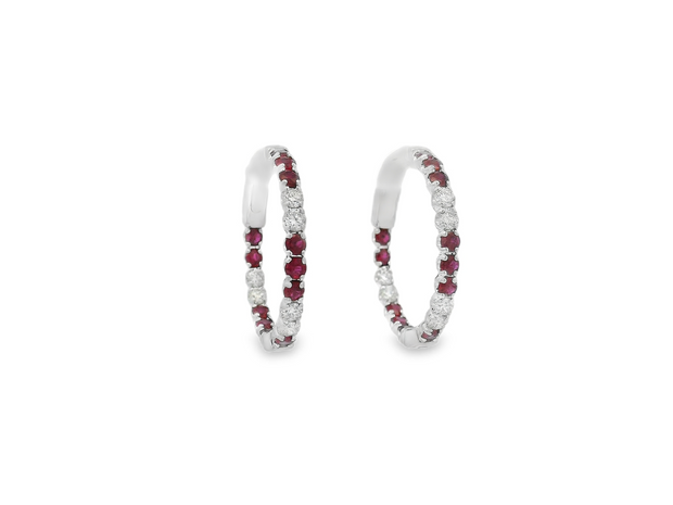 14K White Gold Ruby & Diamond Hoop Earrings